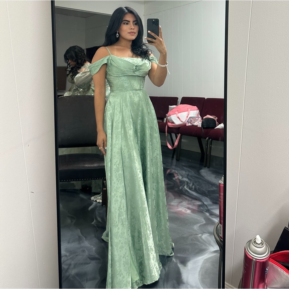 B Darlin Sage Green Off-Shoulder Maxi Dress